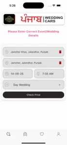 screenshot of Punjab Wedding Cars App Apple Store Wedding Cars rental price calculator and booking App